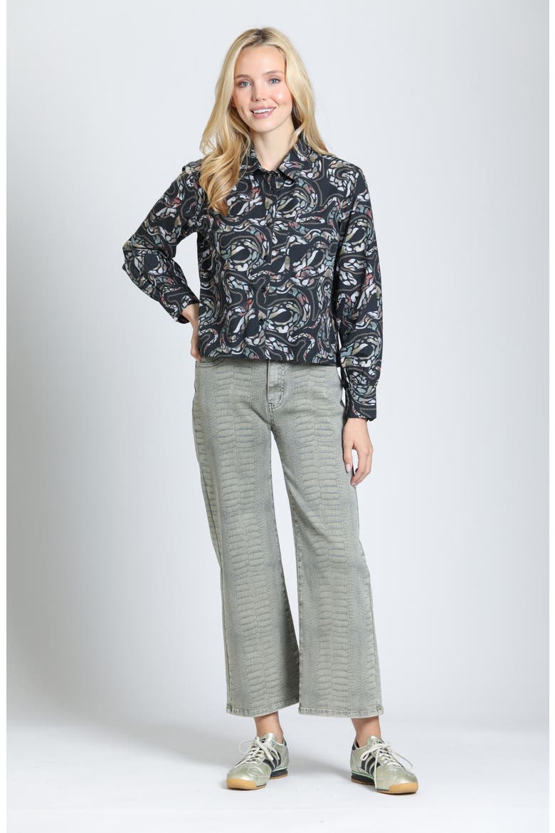 Printed Cropped Cotton Shirt, Alternate, color, JET/SAGE MINERAL MULTI