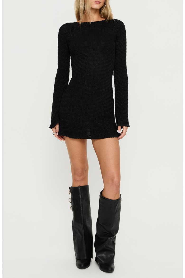 Rhapsody Metallic Back Cutout Long Sleeve Sweater Minidress, Main, color, BLACK