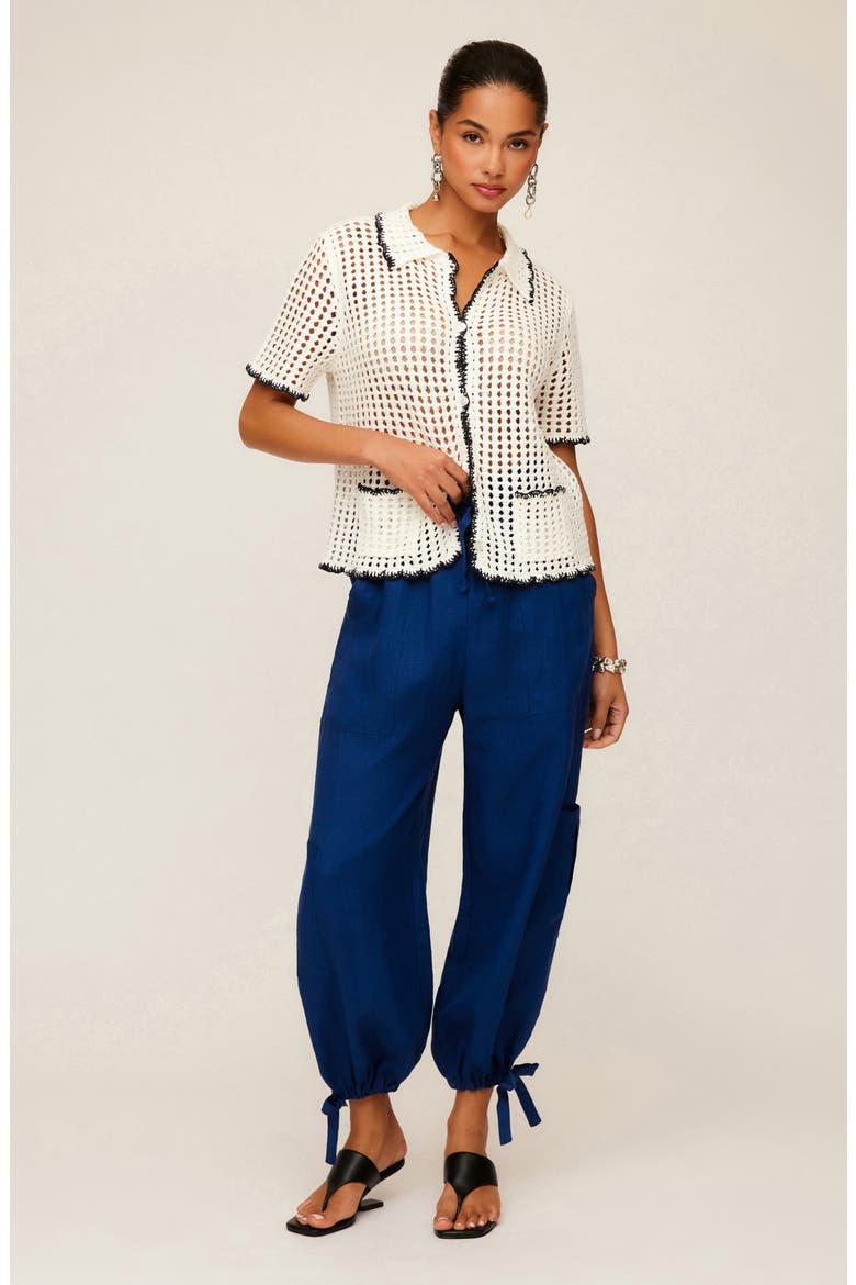 Gemma Open Knit Button-Up Shirt, Alternate, color, OFF WHITE / NAVY