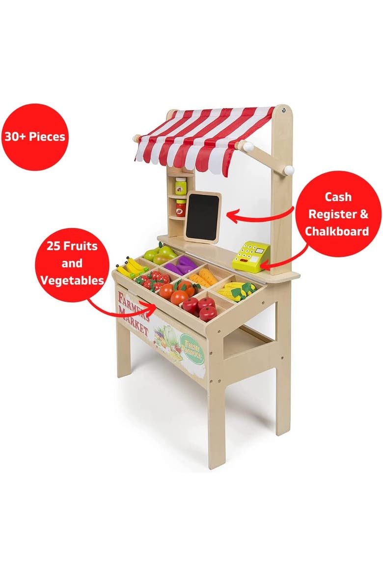 Wooden Farmers Market Stand Toy- 30+ Food Pcs w Chalkboard & Cash Register- Pretend Role Play, Alternate, color, Red