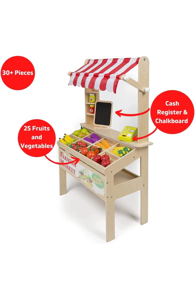 SVAN Wooden Farmers Market Stand Toy- 30+ Food Pcs w Chalkboard & Cash Register- Pretend Role Play, Alternate, color, Red