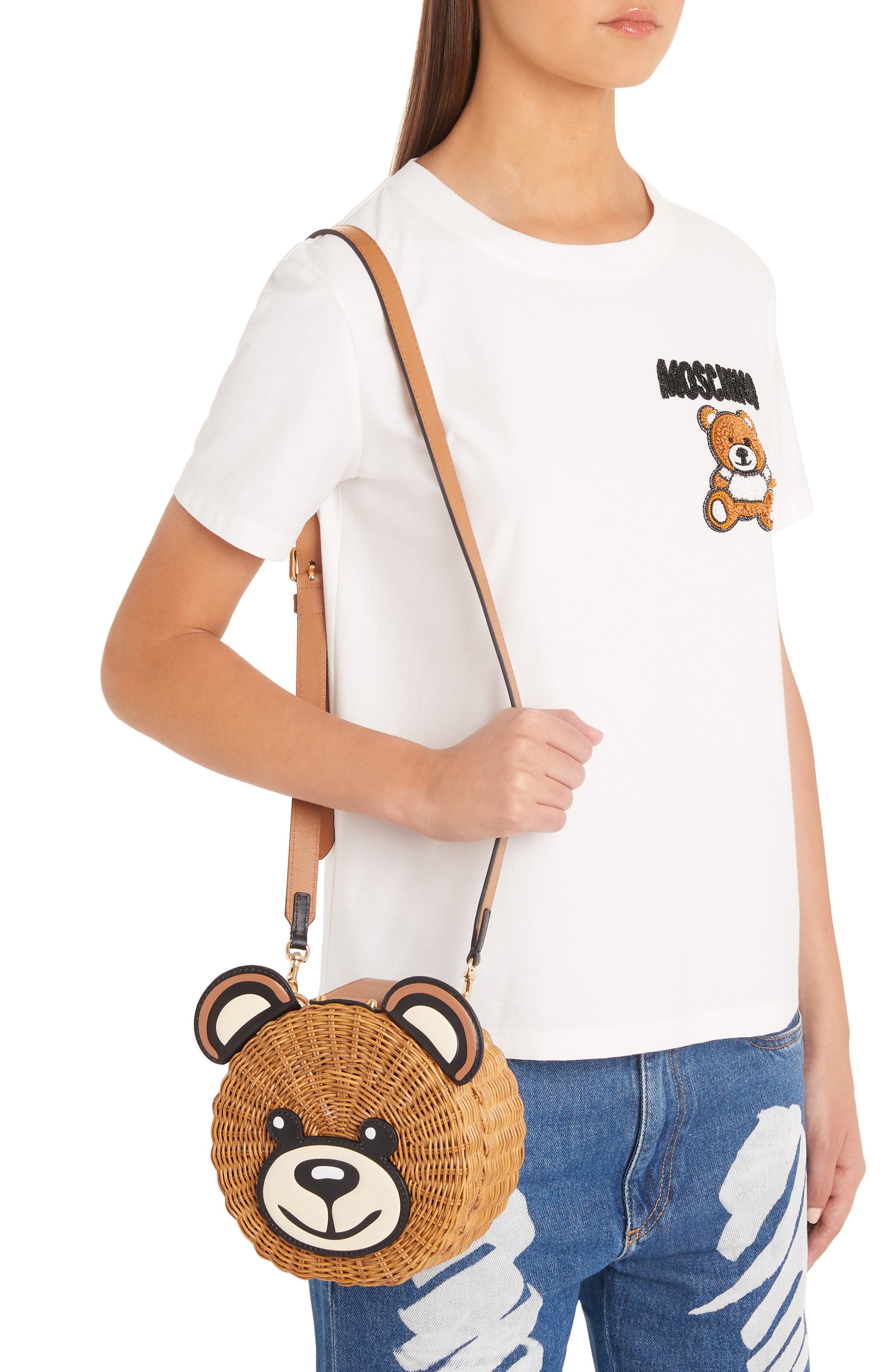 Moschino Straw Teddy Crossbody Bag, Alternate, color, 