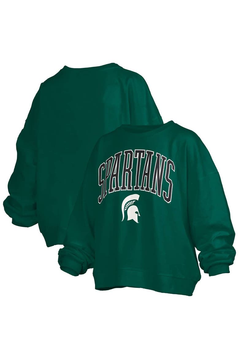 Women's Pressbox Green Michigan State Spartans Janise Arch Over Logo Waist Length Oversized Pullover Sweatshirt, Alternate, color, Green