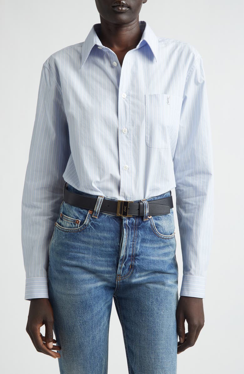 Saint Laurent Classic Stripe Button-Up Shirt, Main, color, Bleu/ Gris