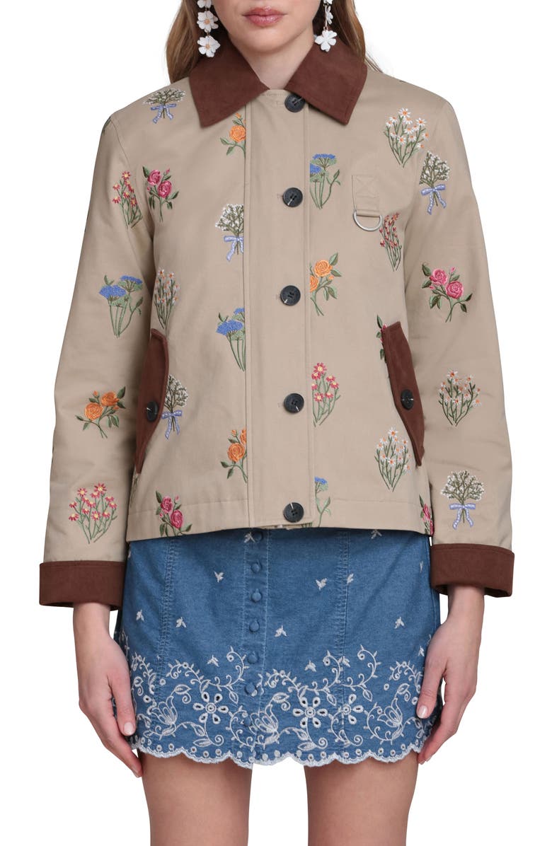 Avec Les Filles Embroidered Floral Cotton Chore Jacket, Main, color, Khaki