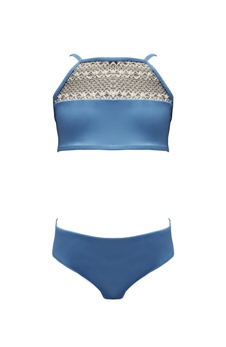NESSI BYRD Boho-Chic Crochet Yoke High Neck Two Piece Bikini, Big Kid, Main, color, Blue