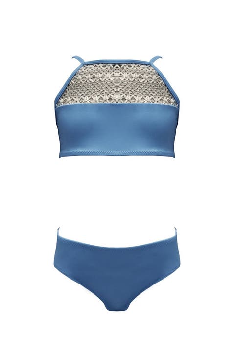 Boho-Chic Crochet Yoke High Neck Two Piece Bikini, Big Kid