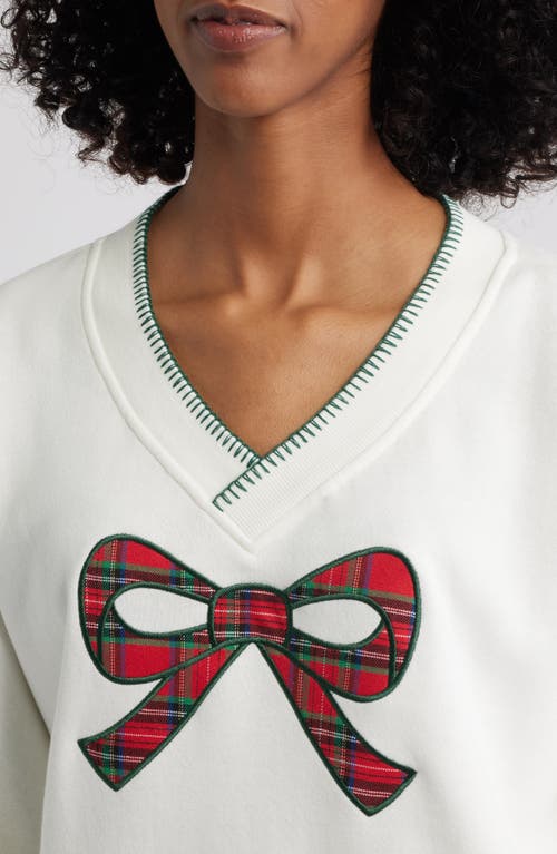 Golden Hour Bow Appliqué V-neck Graphic Sweatshirt In White