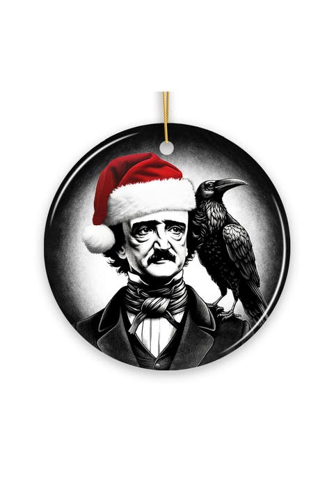 Gothic Poe With Santa Hat And Raven Round Ornament