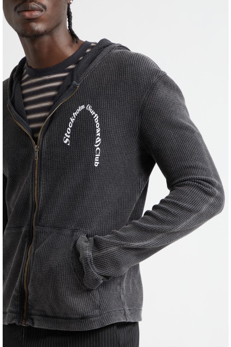 Waffle Stitch Cotton & Linen Zip Graphic Hoodie, Alternate, color, DAWN BLACK