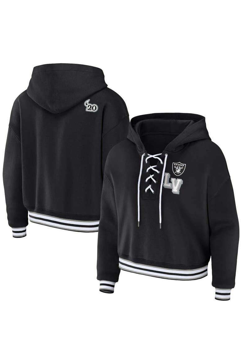 Women's WEAR by Erin Andrews Black Las Vegas Raiders Lace-Up Pullover Hoodie, Main, color, Black