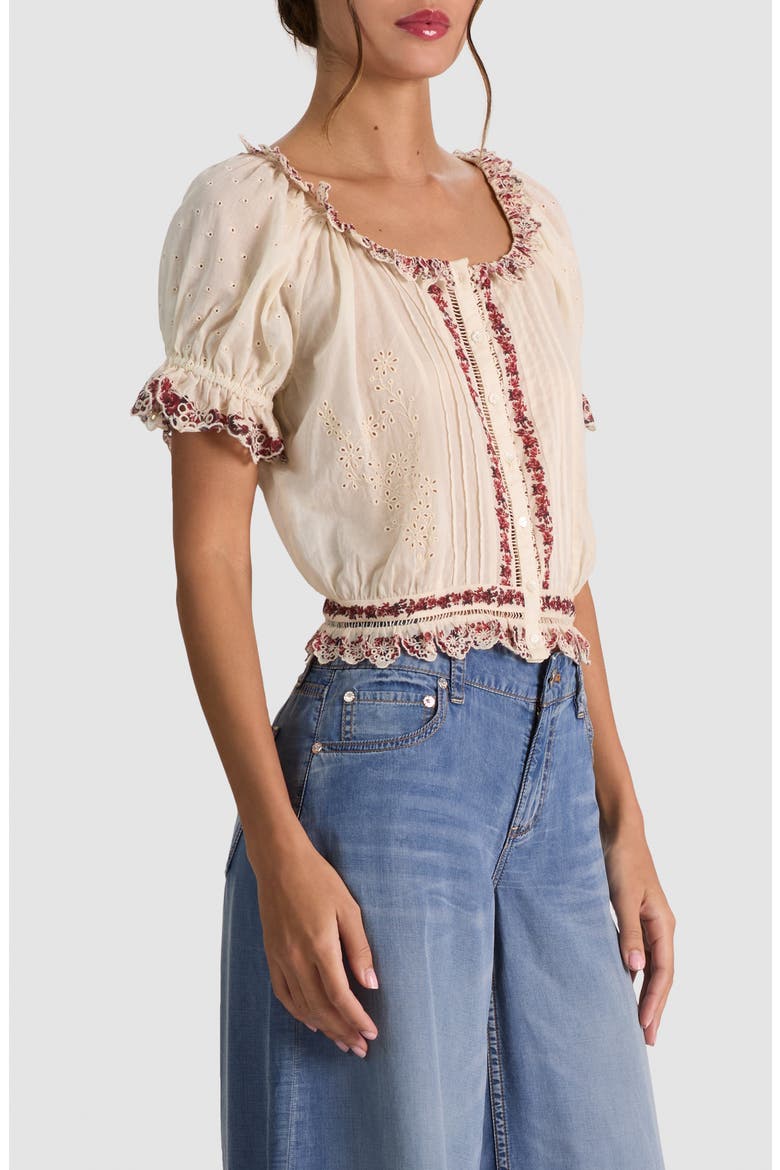 McLaine Embroidered Puff Sleeve Cropped Top, Alternate, color, ORCHARD GLOW