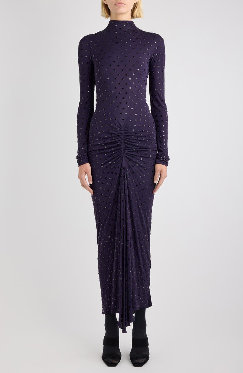Alaïa Crystal Embellished Ruched Long Sleeve Jersey Dress, Main, color, Aubergine/ Noir