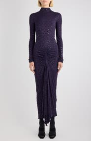 Alaïa Crystal Embellished Ruched Long Sleeve Jersey Dress