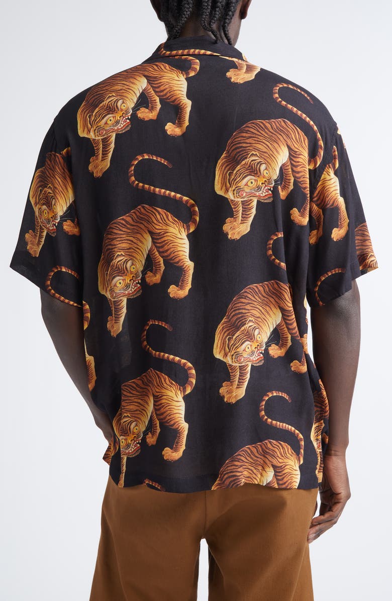 ENDLESS JOY Tiger Print Crepe Camp Shirt, Alternate, color, Black