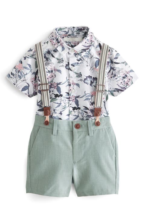 Kids' Floral Button-Up Shirt, Shorts & Suspenders Set