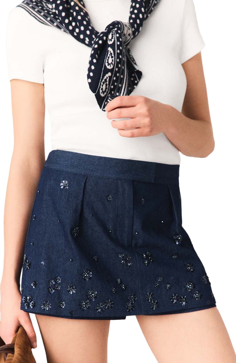 maje Embroidered layered denim shorts, Alternate, color, Navy