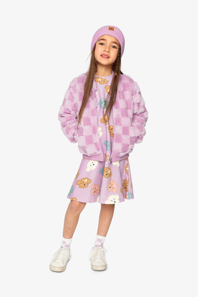 Faux Fur Jacquard Checkerboard Front Pocket Bomber Jacket, Alternate, color, Violet