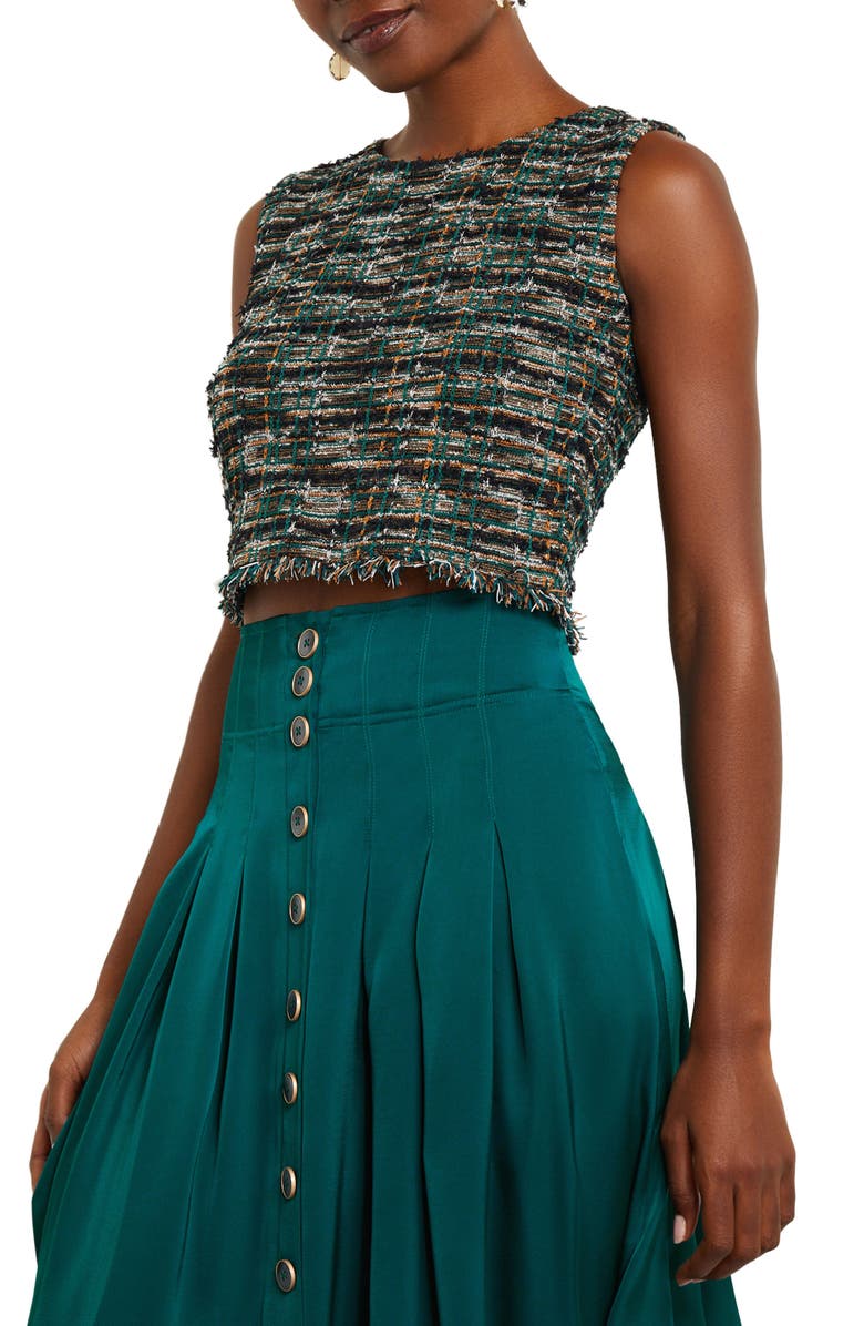 Misook Metallic Fringe Crop Tweed Tank, Alternate, color, Spruce/New Ivory/Black/Copper