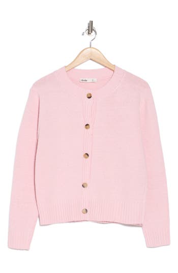 Elodie Crewneck Button Front Cardigan In Baby Pink