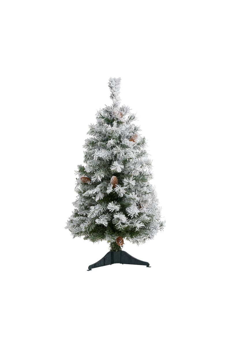 NEARLY NATURAL 3-ft Flocked White River Mountain Pine Artificial Christmas Tree with Pinecones, Main, color, Green
