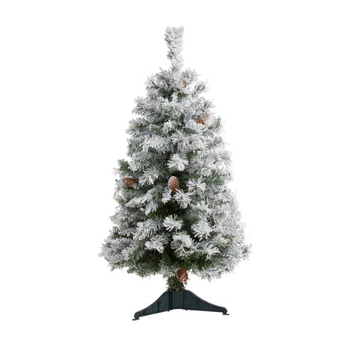 3-ft Flocked White River Mountain Pine Artificial Christmas Tree with Pinecones