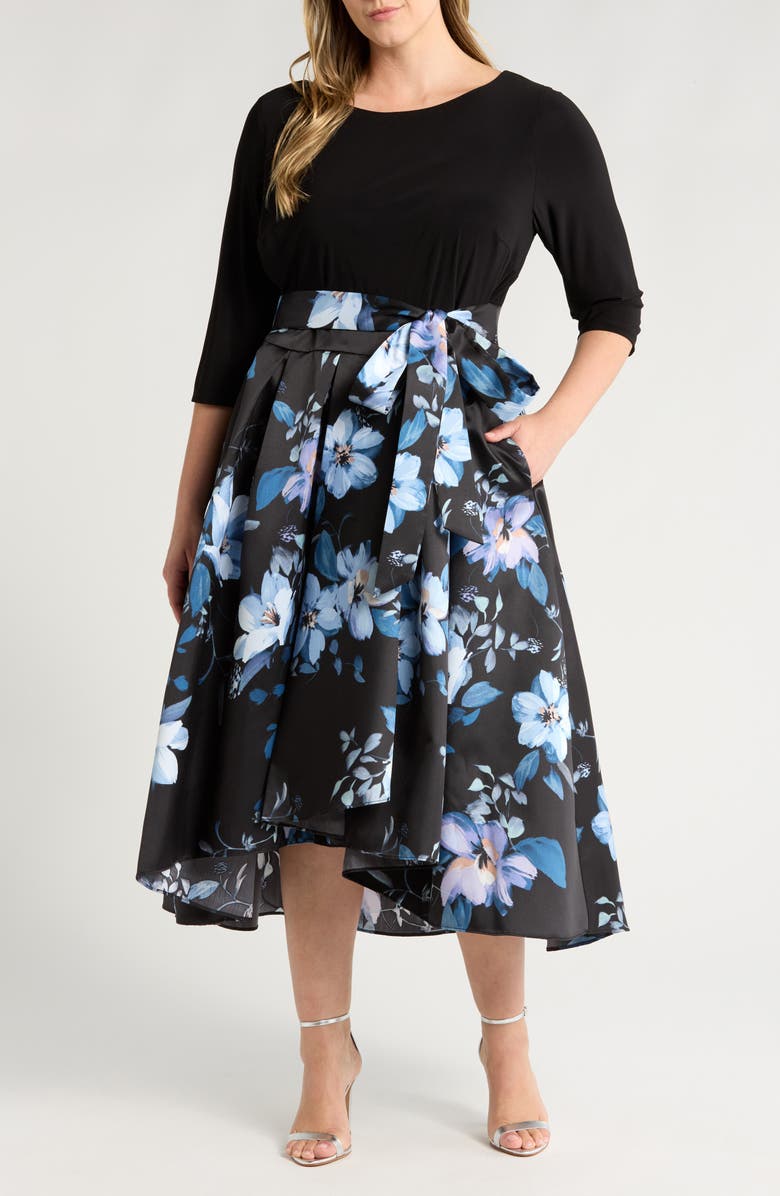 SL FASHIONS Floral Tie Waist Mikado Cocktail Dress, Main, color, 