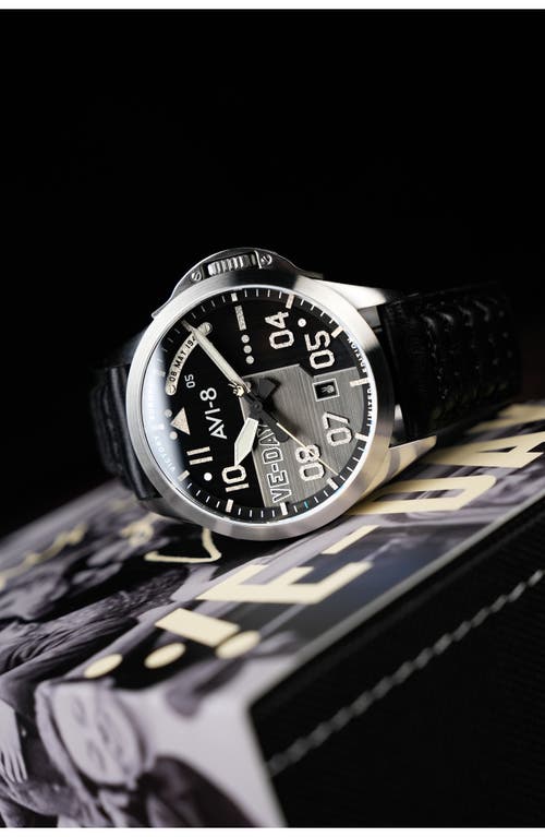 Avi-8 P-51 Mustang Patriot Automatic Ve-day 80th Anniversary Limited Edition Leather Strap Watch, 43 In Black
