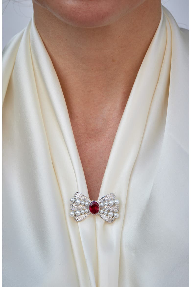 Pearl Bubbles Bowtie Brooch, Alternate, color, SILVER/ RED
