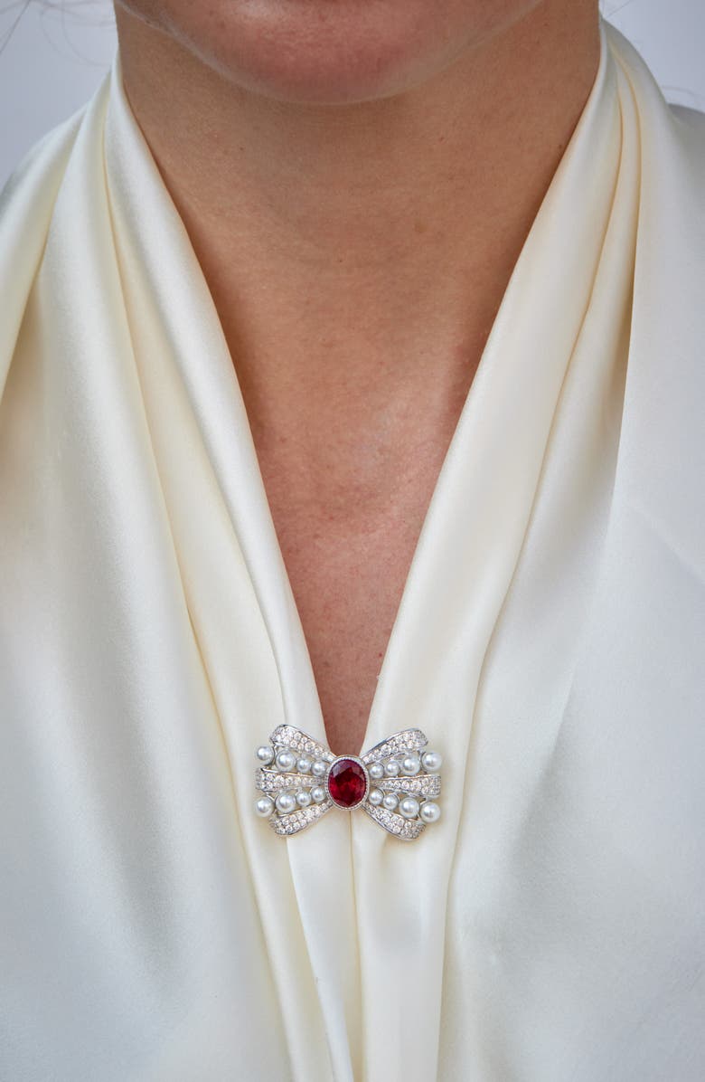 SAVVY CIE JEWELS Pearl Bubbles Bowtie Brooch, Alternate, color, Silver/ Red