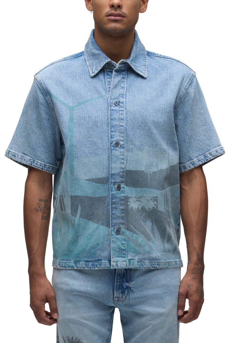 Graphic Denim Short Sleeve Button-Up Shirt, Main, color, SPRING BREAK