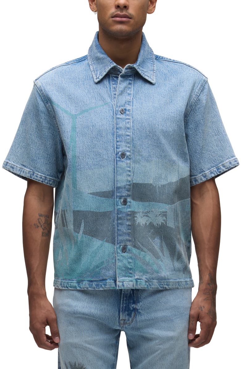 Hudson Jeans Graphic Denim Short Sleeve Button-Up Shirt, Main, color,