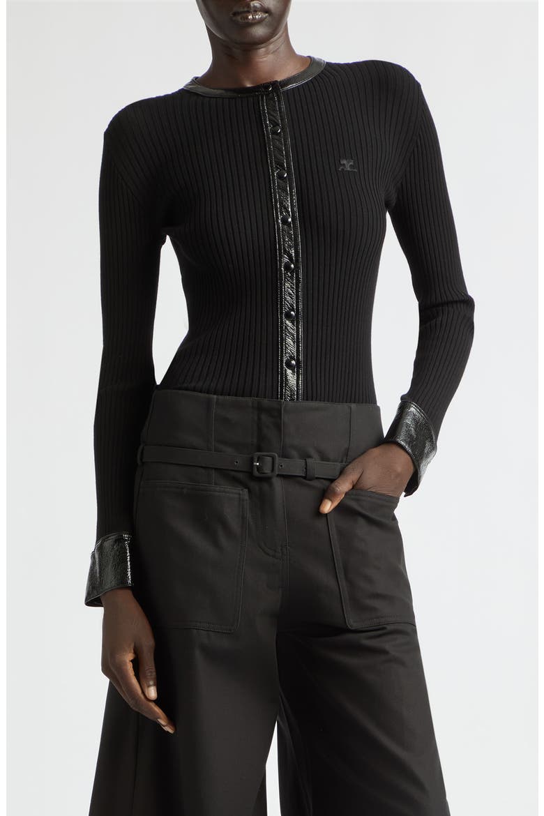 Vinyl Trim Ribbed Cardigan, Main, color, BLACK