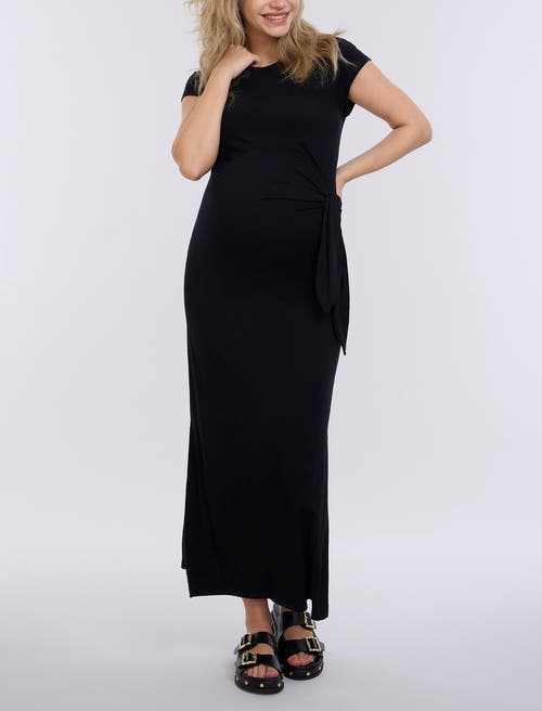 Motherhood Maternity Crew Neck Short Sleeve Side Tie Maternity Midi Dress In Black
