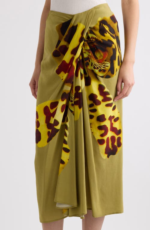 Dries Van Noten Gathered Printed Wrap-effect Satin Midi Skirt In Ocra