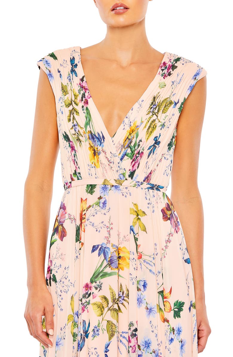 Mac Duggal Pleated Floral Cap Sleeve A Line Gown, Alternate, color, Pink Multi