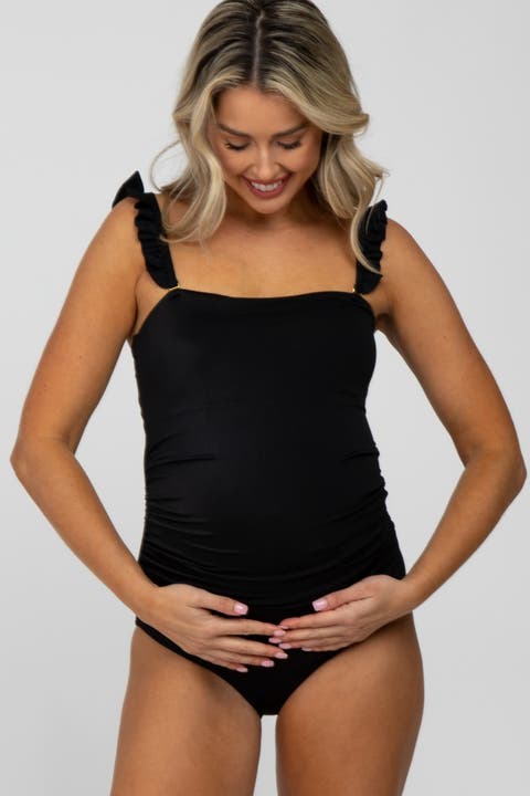 Ribbed Square Neck Ruffle Strap One Piece Maternity Swimsuit