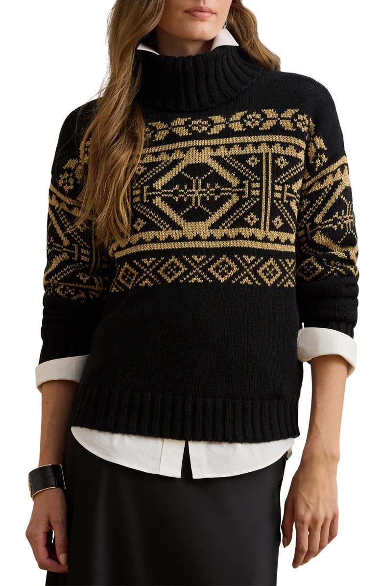 Lauren Ralph Lauren Fair Isle Turtleneck Sweater, Main, color, Black/ Relic Gold Metallic