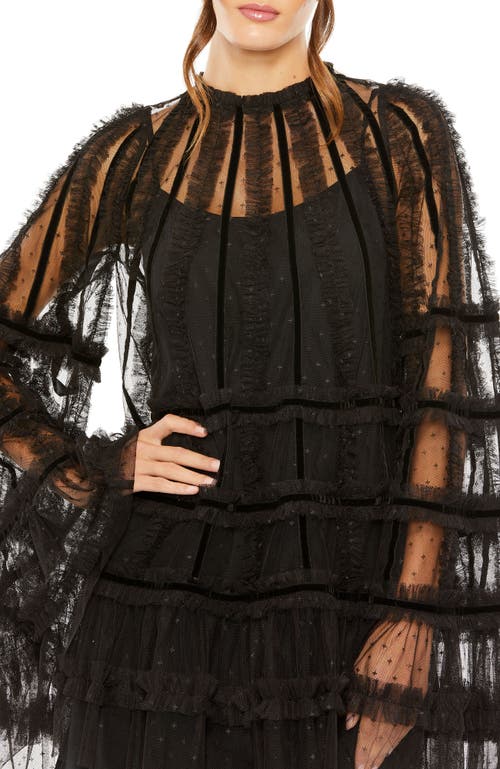 Mac Duggal High Neck Ruggle Bell Sleeve Trapeze Dress In Black