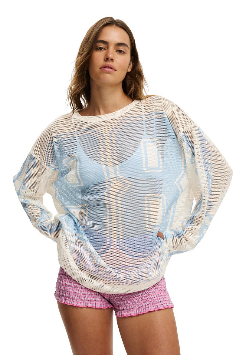 Women's The Long Sleeve Mesh Graphic Tee, Main, color, 98 Barbados  Gardenia