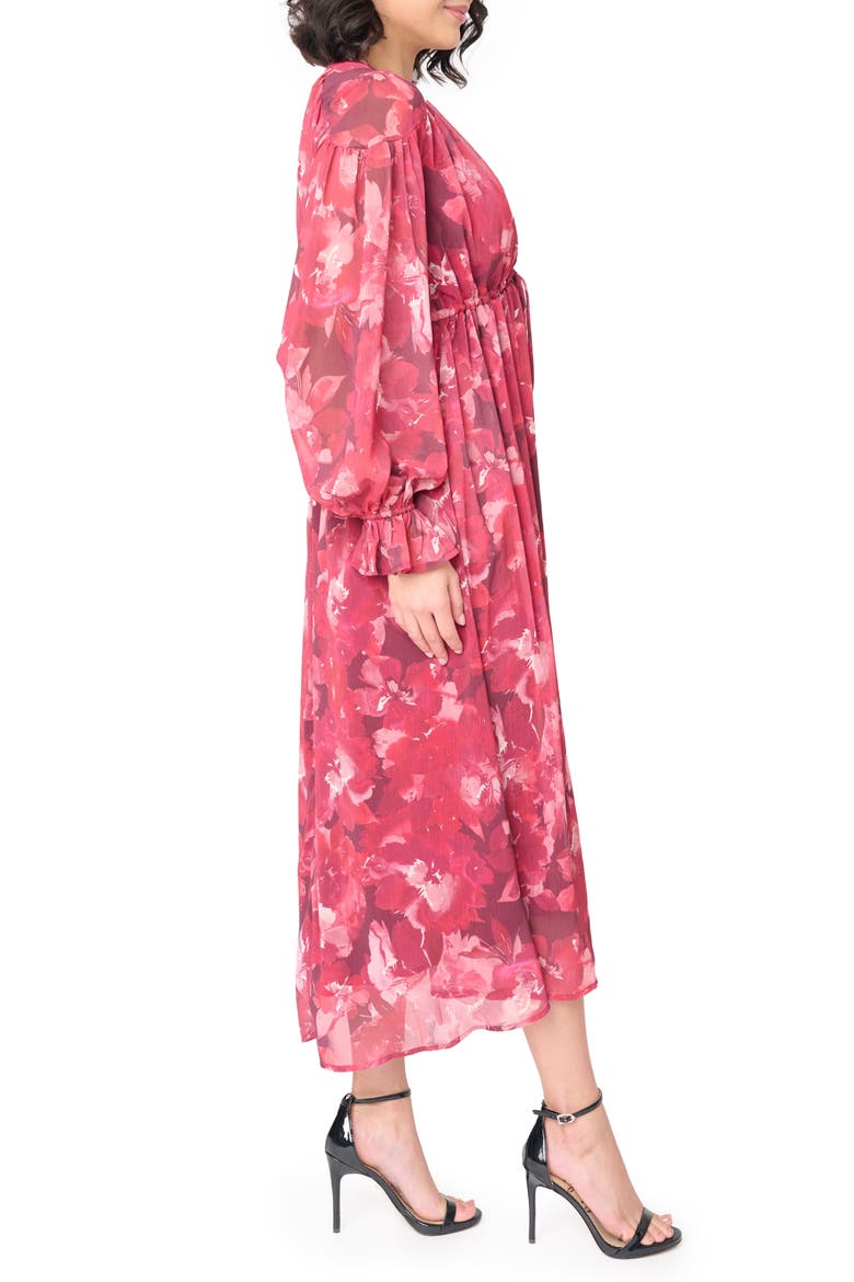 The Blissful Floral Print Tie Waist Long Sleeve Maxi Dress, Alternate, color, ROSEBERRY RED FLORAL