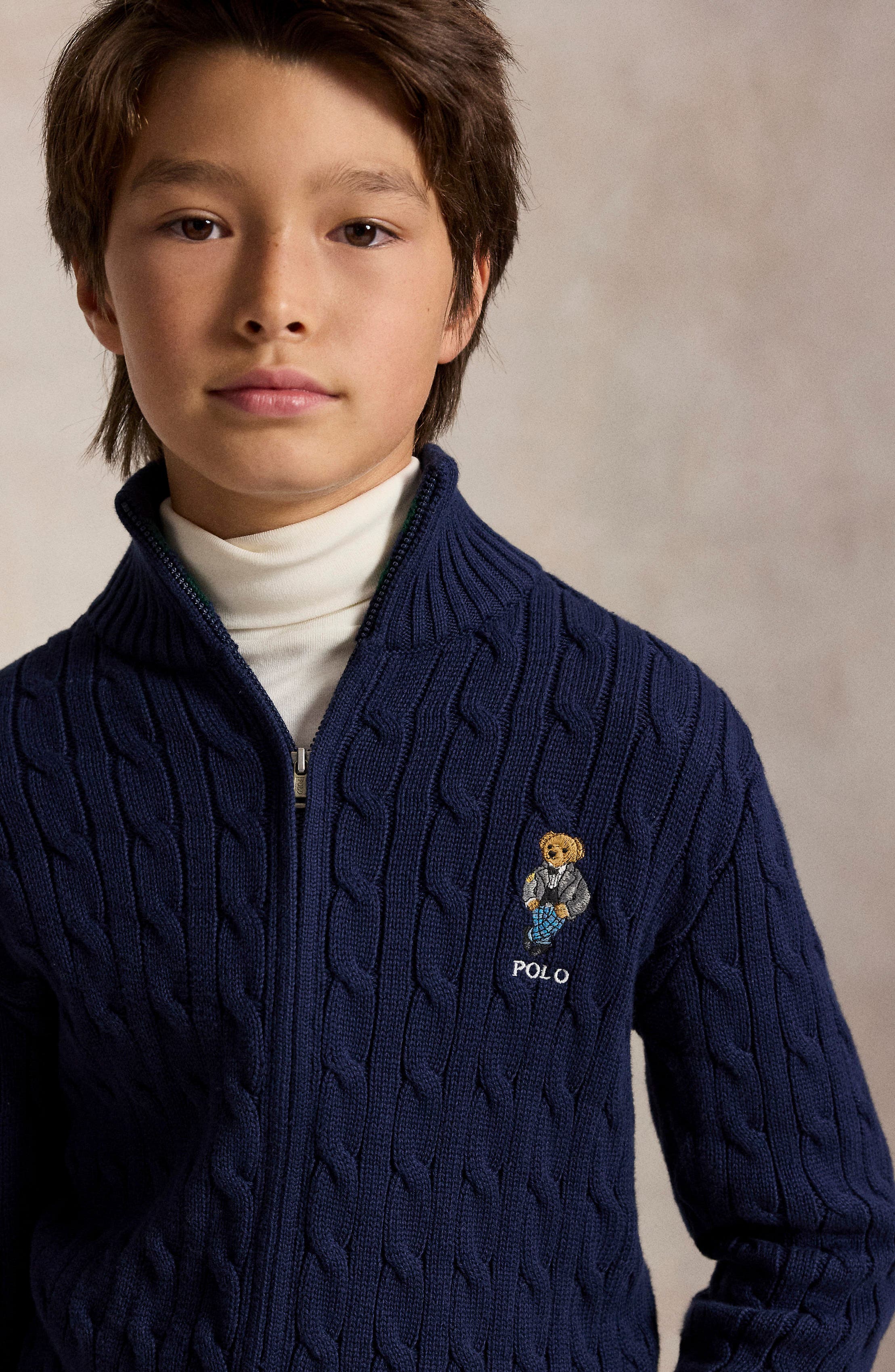 Polo Ralph Lauren Kids' Polo Bear Cable Cotton Full Zip Sweater