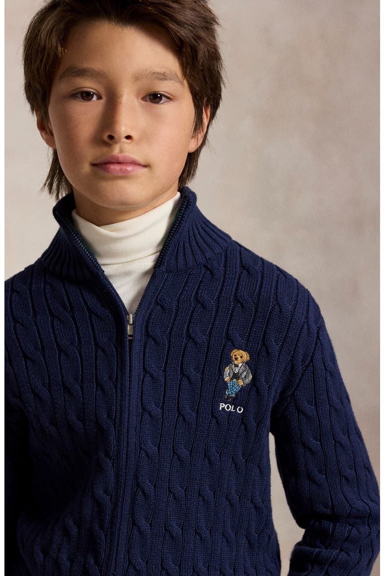 Kids' Polo Bear Cable Cotton Full Zip Sweater, Alternate, color, REFINED NAVY