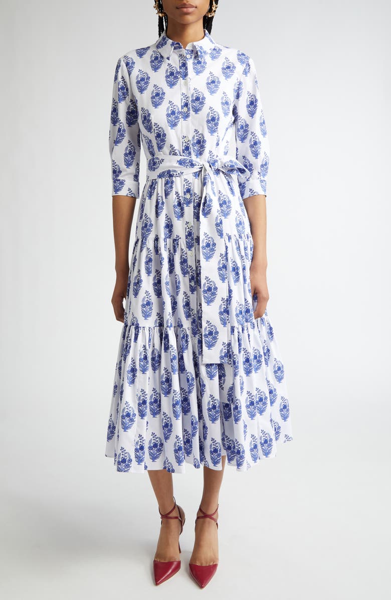 Carolina Herrera Floral Print Tiered Stretch Cotton Shirtdress, Main, color, White Multi