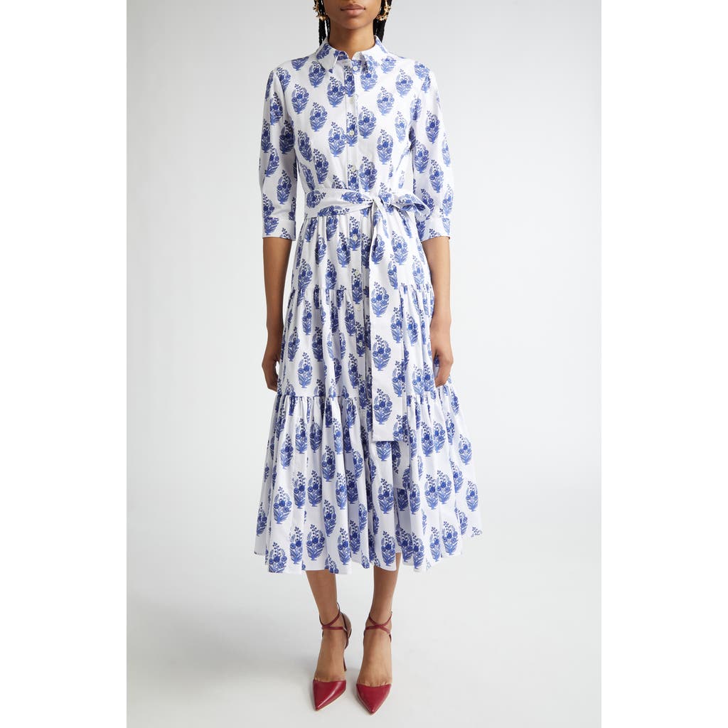 Shop Carolina Herrera Floral Print Tiered Stretch Cotton Shirtdress In White Multi
