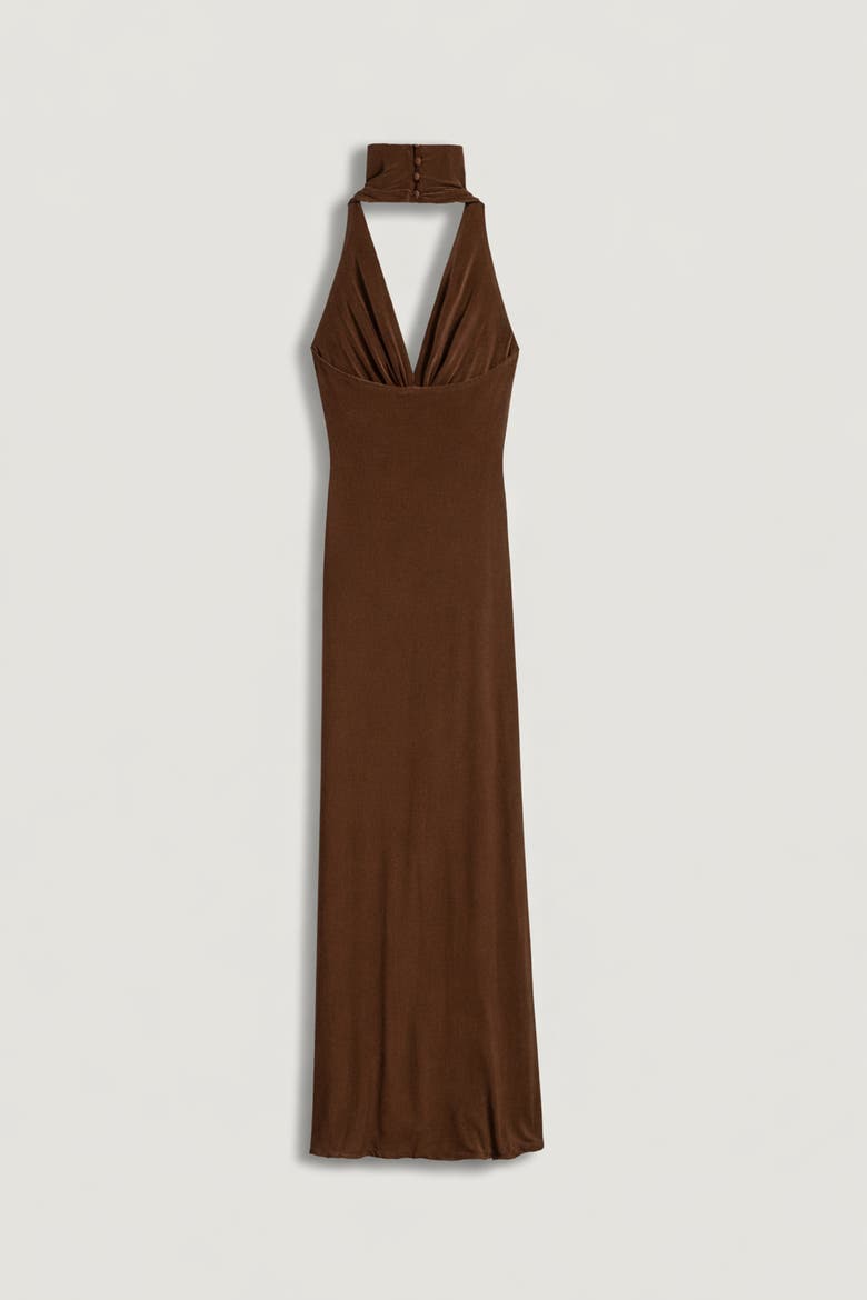 Halter-Neck Draped Maxi Dress, Alternate, color, Brown