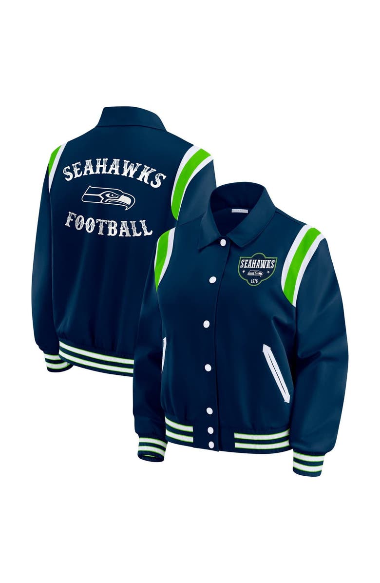 WEAR by Erin Andrews Women's WEAR by Erin Andrews College Navy Seattle Seahawks Varsity Lightweight Full-Snap Jacket, Main, color, College Navy