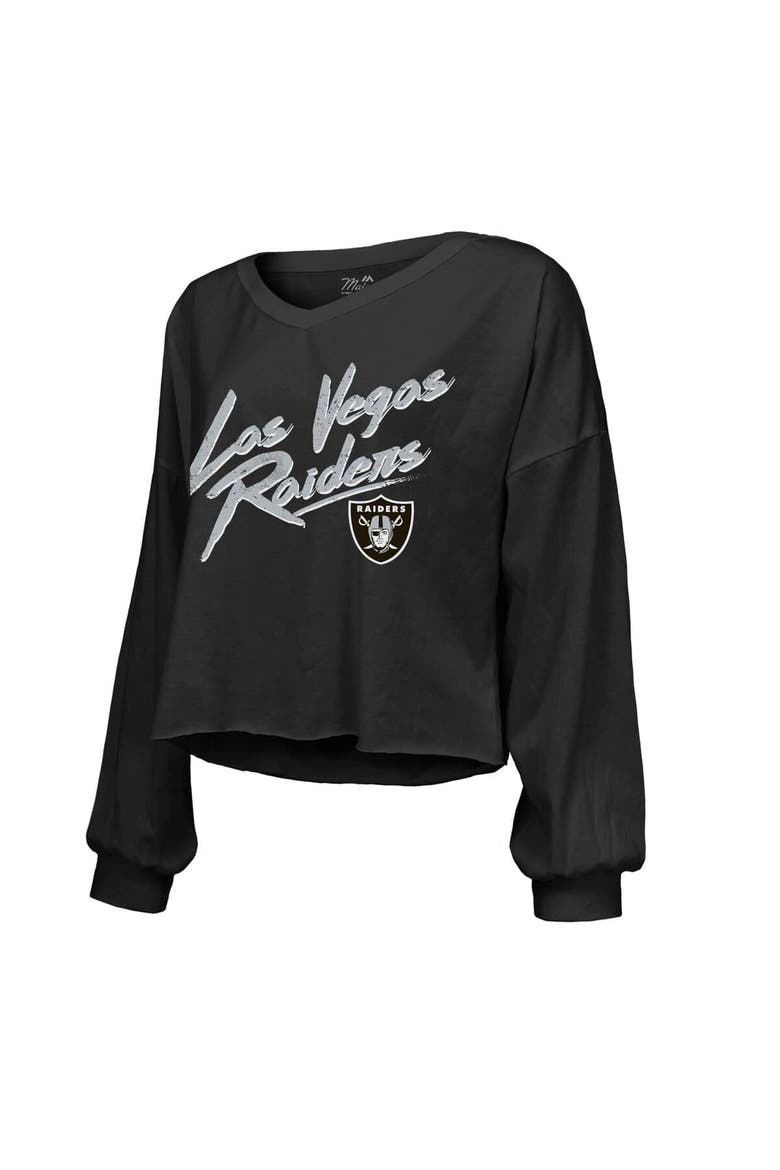 Women's Majestic Threads Ashton Jeanty Black Las Vegas Raiders Name & Number Off-Shoulder Script Cropped Long Sleeve Relaxed V-Neck T-Shirt, Alternate, color, Black