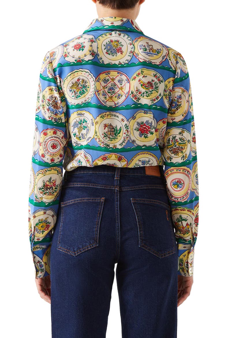 Erica Plate Print Silk Button-Up Shirt, Alternate, color, BLUE