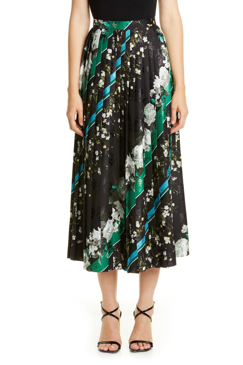 Floral Stripe Pleated Midi Skirt, Main, color, BLACK / WHITE